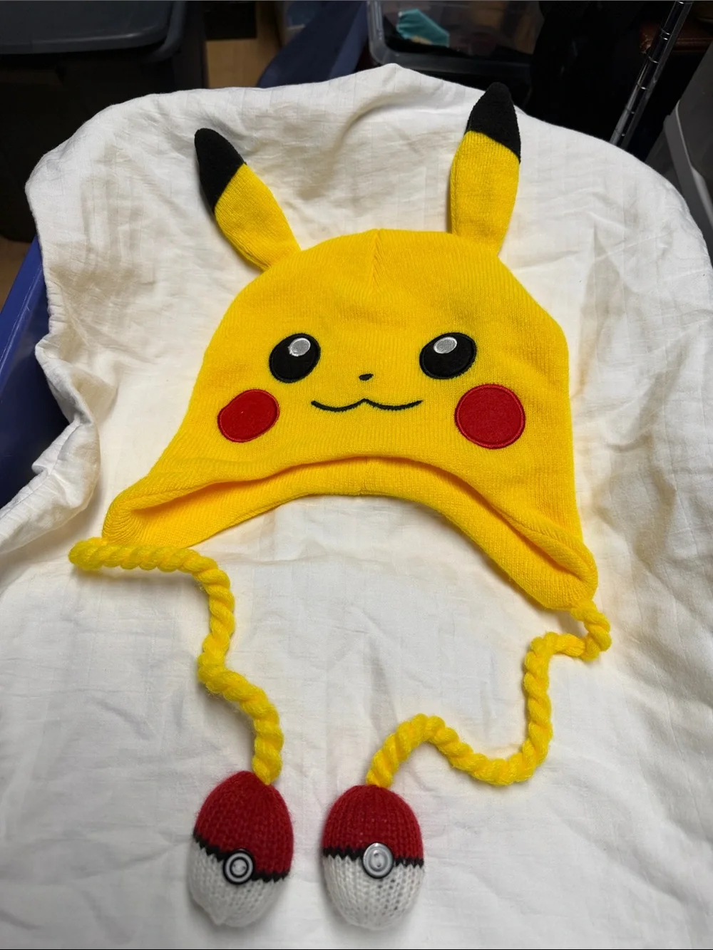 Pokemon Pikachu Bright Yellow Knit Hat with Red Cheeks and Black Ear Tips